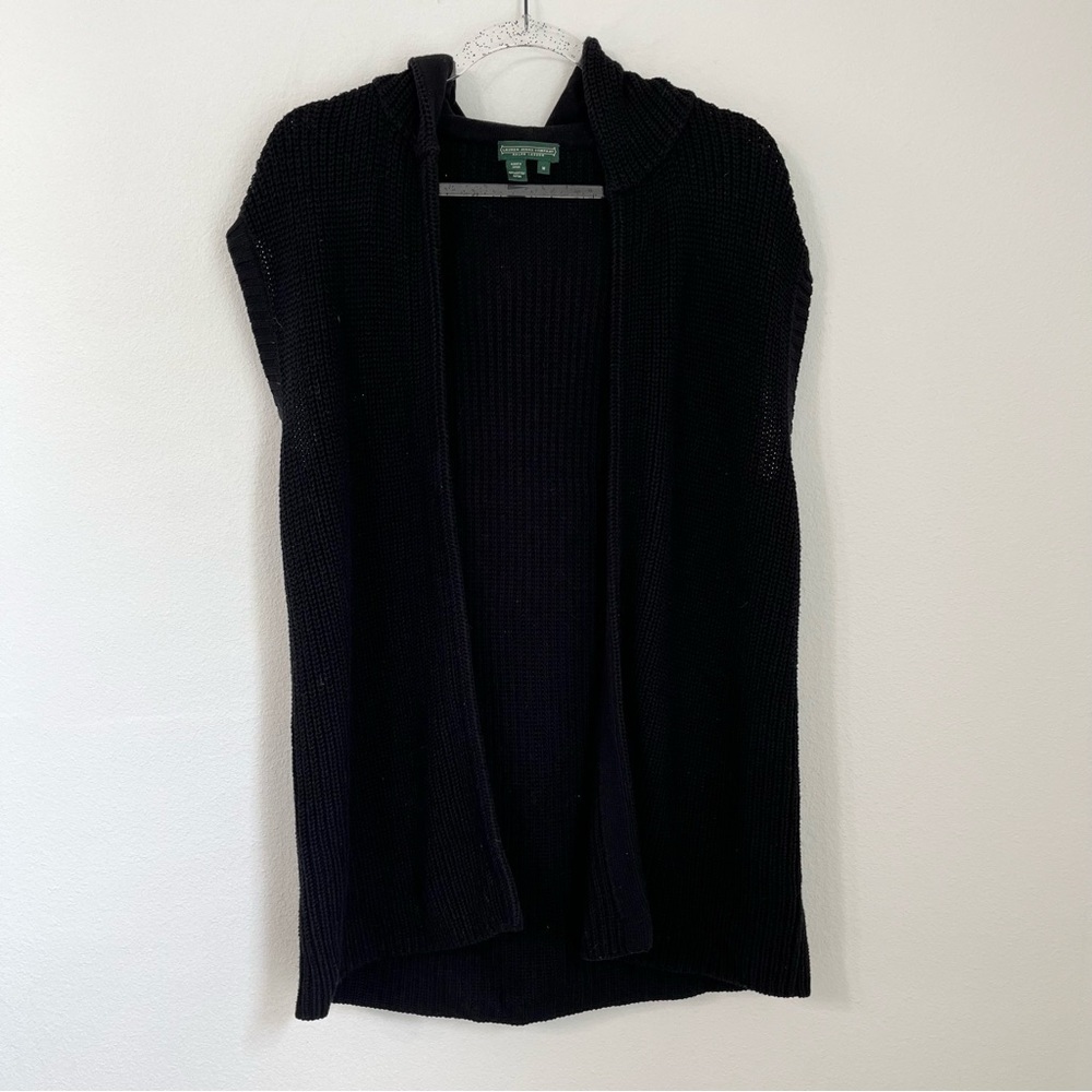 LAUREN RALPH LAUREN Black Knit Short Sleeve Hooded Longline Cardigan Size M